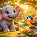 Vibrant 3D cartoon style Indian jungle storybook animation scene.