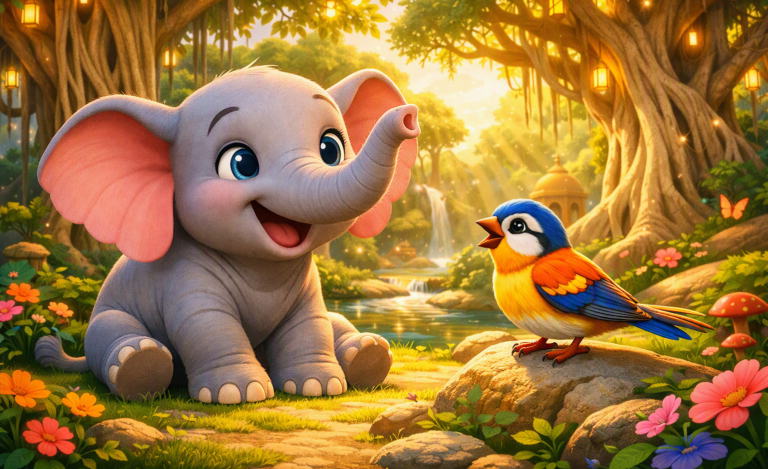 How to Build a Faceless Kids YouTube Channel with AI in India (2026 Step-by-Step Guide) Vibrant 3D cartoon style Indian jungle storybook animation scene.