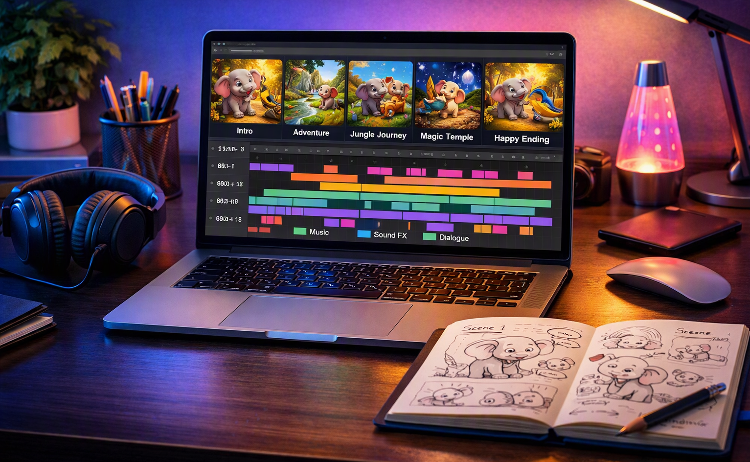 Modern laptop showing video animation timeline with Indian cartoon characters