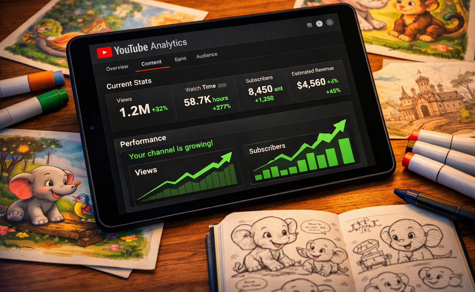 YouTube Studio analytics dashboard showing child-friendly animated video performance
