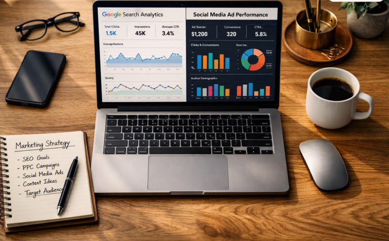 Google Ads vs Meta Ads for Small Business in India (Under ₹5 Lakh Budget) Google Ads vs Meta Ads dashboard split comparison on an entrepreneur's laptop desk