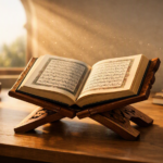 Adult reciting open Quran on a wooden stand in soft morning light