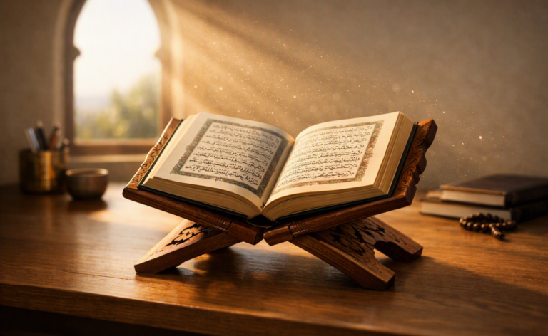 How Much Should a Hafiz Recite Everyday: The Turkish Ottoman Model Adult reciting open Quran on a wooden stand in soft morning light