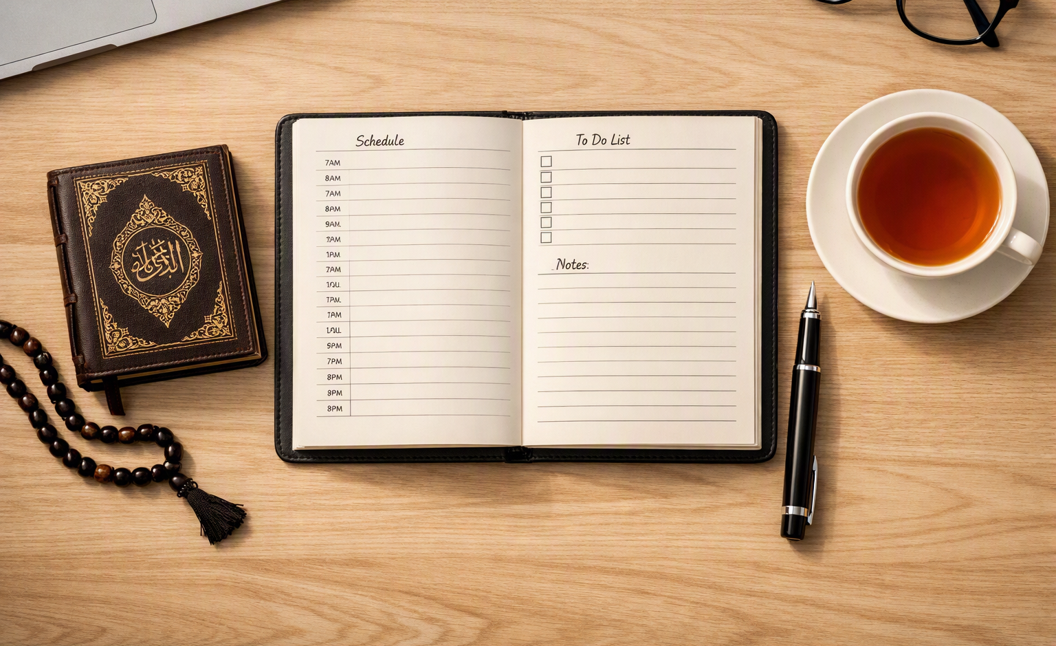 Modern desk setup with pocket Quran, planner notebook, and prayer beads