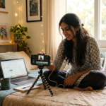 Video editing course workspace with phone tripod and laptop in a home setup