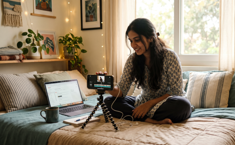Video Editing Course: How to Build and Sell One for ₹500 (2026) Video editing course workspace with phone tripod and laptop in a home setup