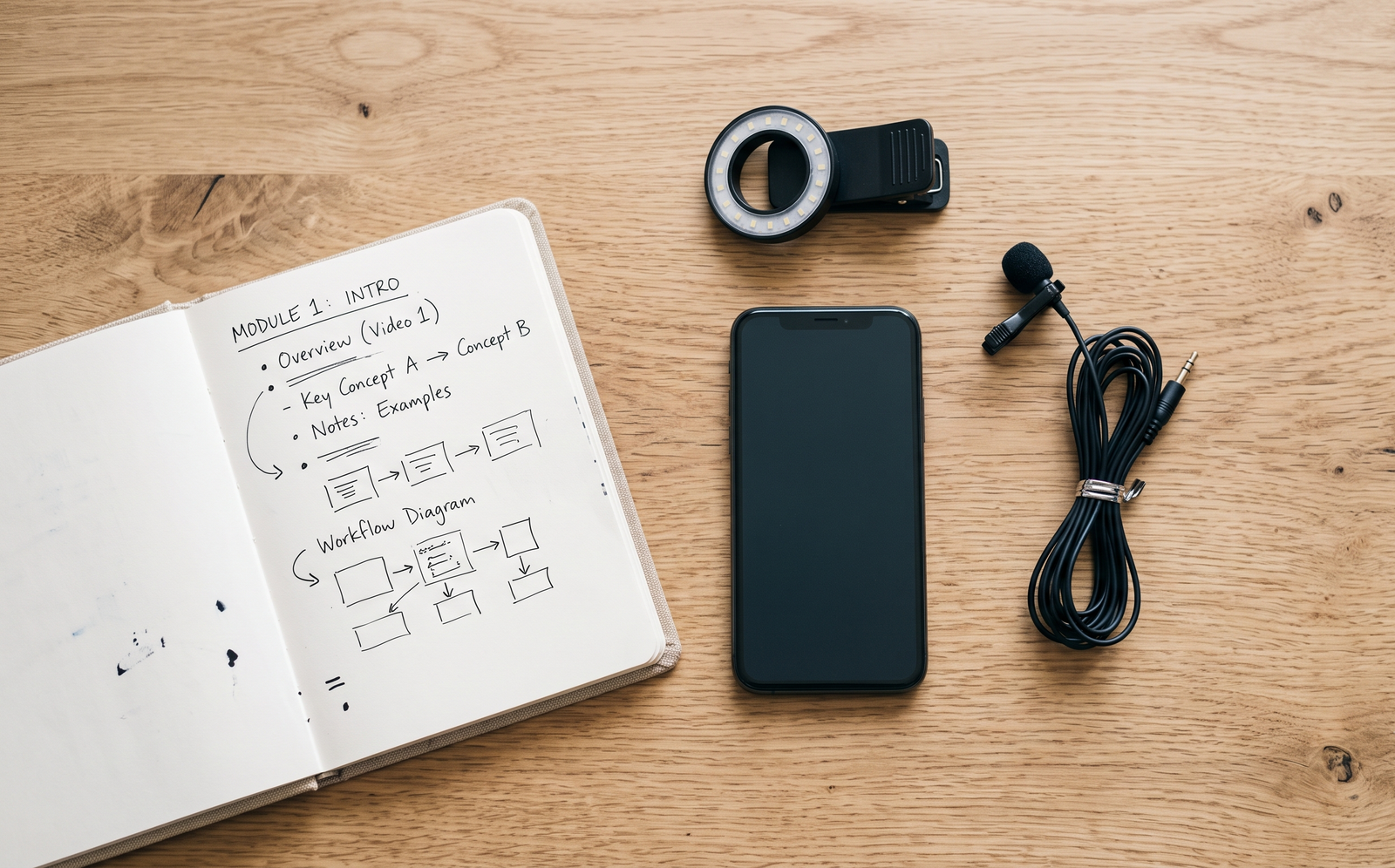 Budget video editing course setup with phone, mic, and ring light