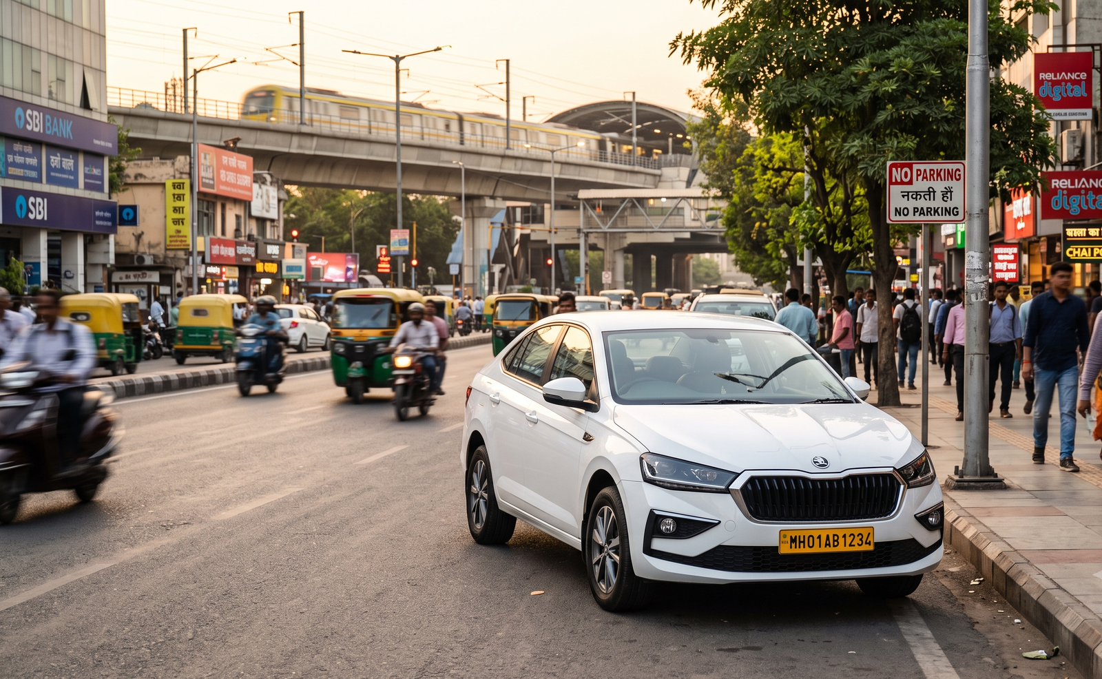 White commercial sedan cab parked in an Indian city street during sunset