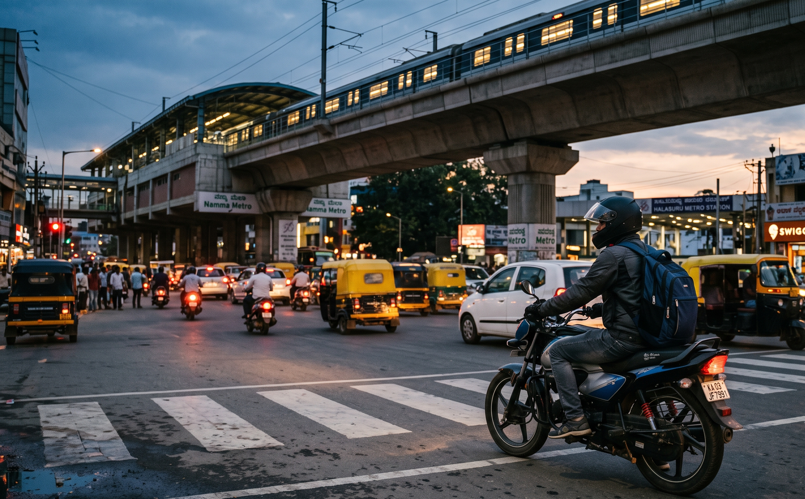 Bike taxi rider wearing helmet navigating Bangalore metro traffic at dusk