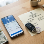 Car keys on a table next to an Indian commercial taxi registration plate and loan calculator