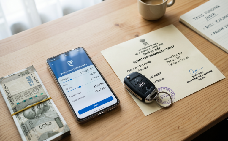 Car keys on a table next to an Indian commercial taxi registration plate and loan calculator