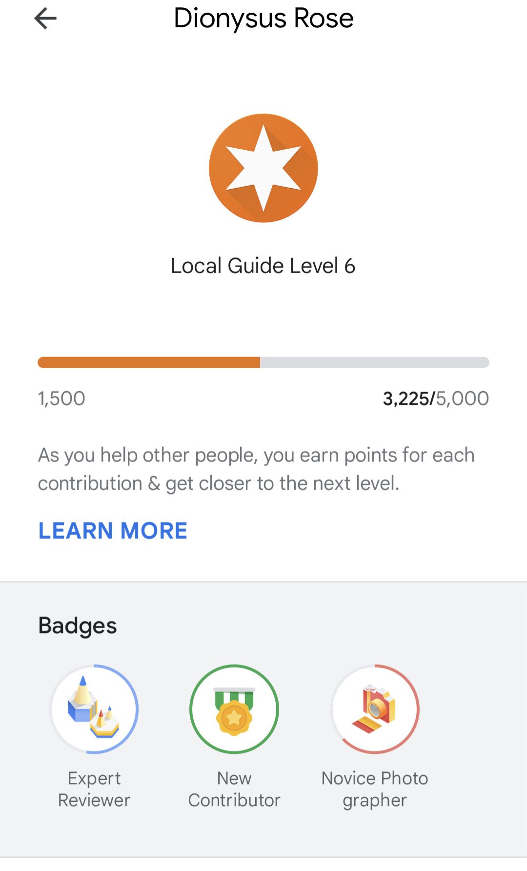 Screenshot of Google Maps Local Guides profile showing point level progress and star badge