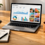 Marketer researching competitor ads on laptop with digital marketing interface