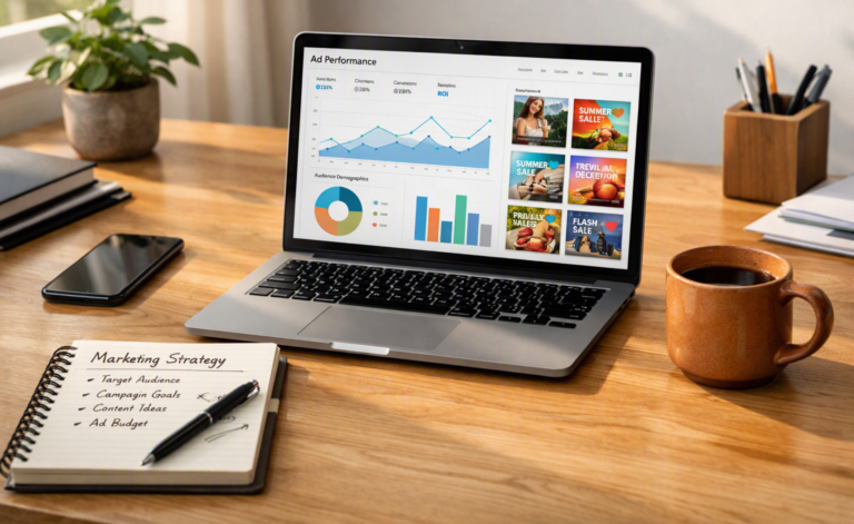Meta Ads Library Guide: Unexplored Marketing Goldmine (2026) Marketer researching competitor ads on laptop with digital marketing interface