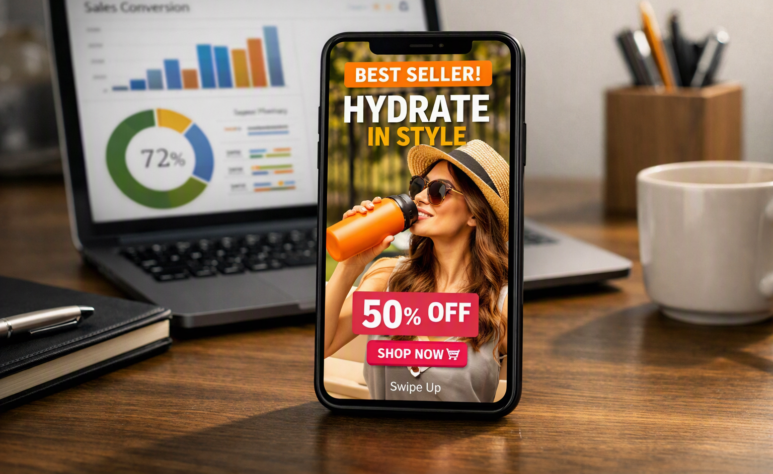 Smartphone displaying vertical video ad creative on an office desk
