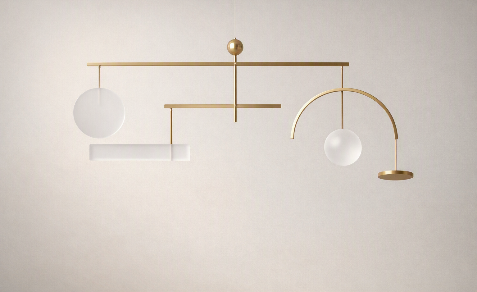Abstract brass and frosted acrylic mobile sculpture suspended in balance