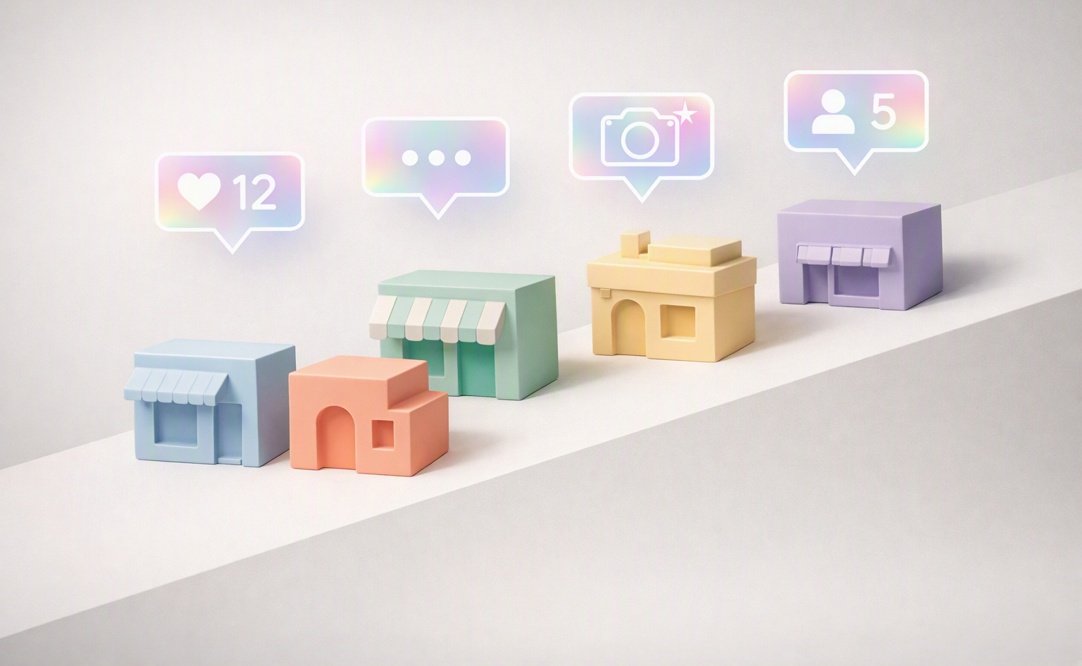 Abstract composition of pastel storefront shapes with glowing social media frames overhead