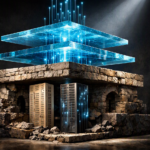 Abstract 3D architectural cross-section showing modern glowing circuits built on crumbling ancient stone foundations