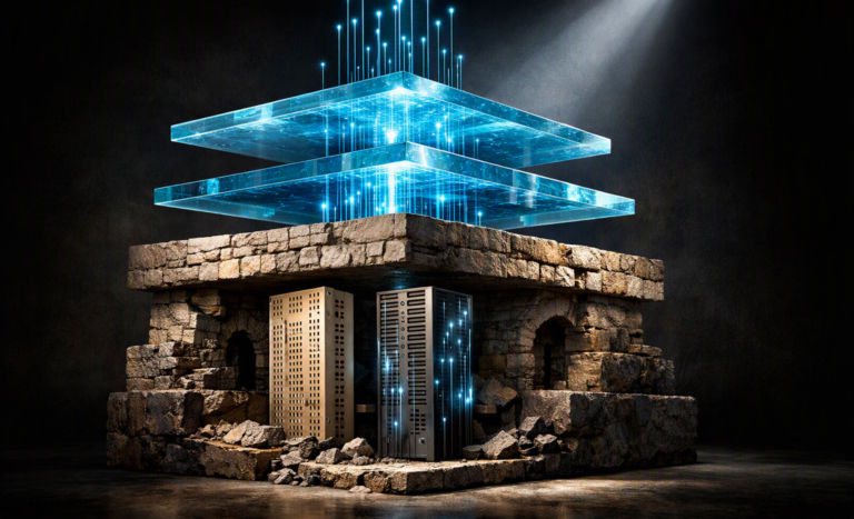 The Heavy Burden of B2B Legacy Data Maintenance: 4 Industries Still Stuck in 1985 Abstract 3D architectural cross-section showing modern glowing circuits built on crumbling ancient stone foundations