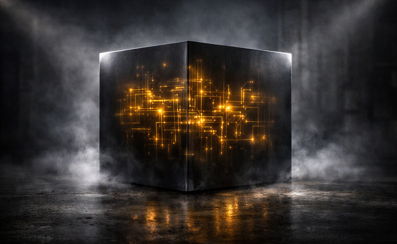 Abstract dark translucent cube encasing glowing golden geometric data particles