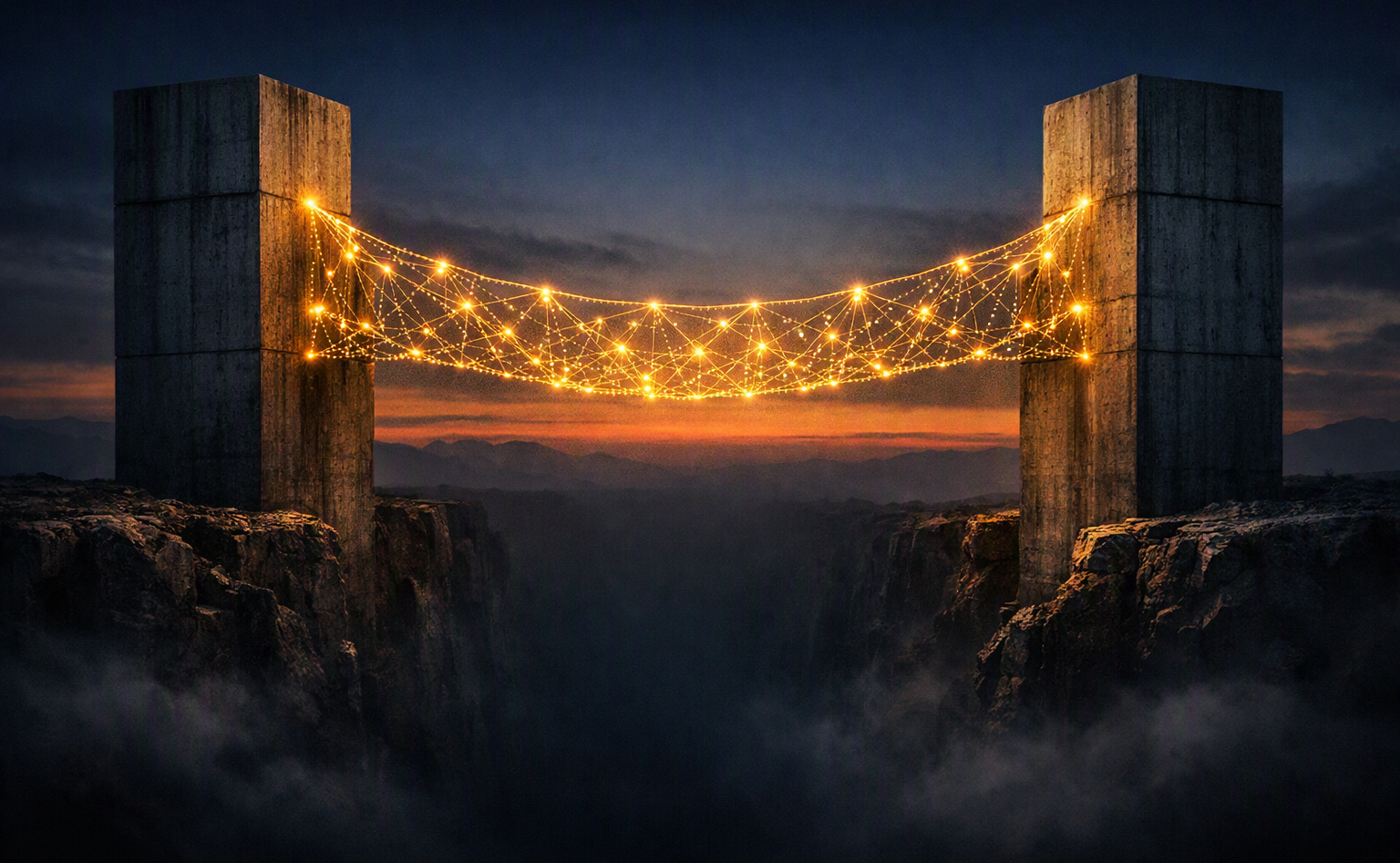 Abstract glowing neon bridge connecting two disconnected geometric monoliths across a dark void